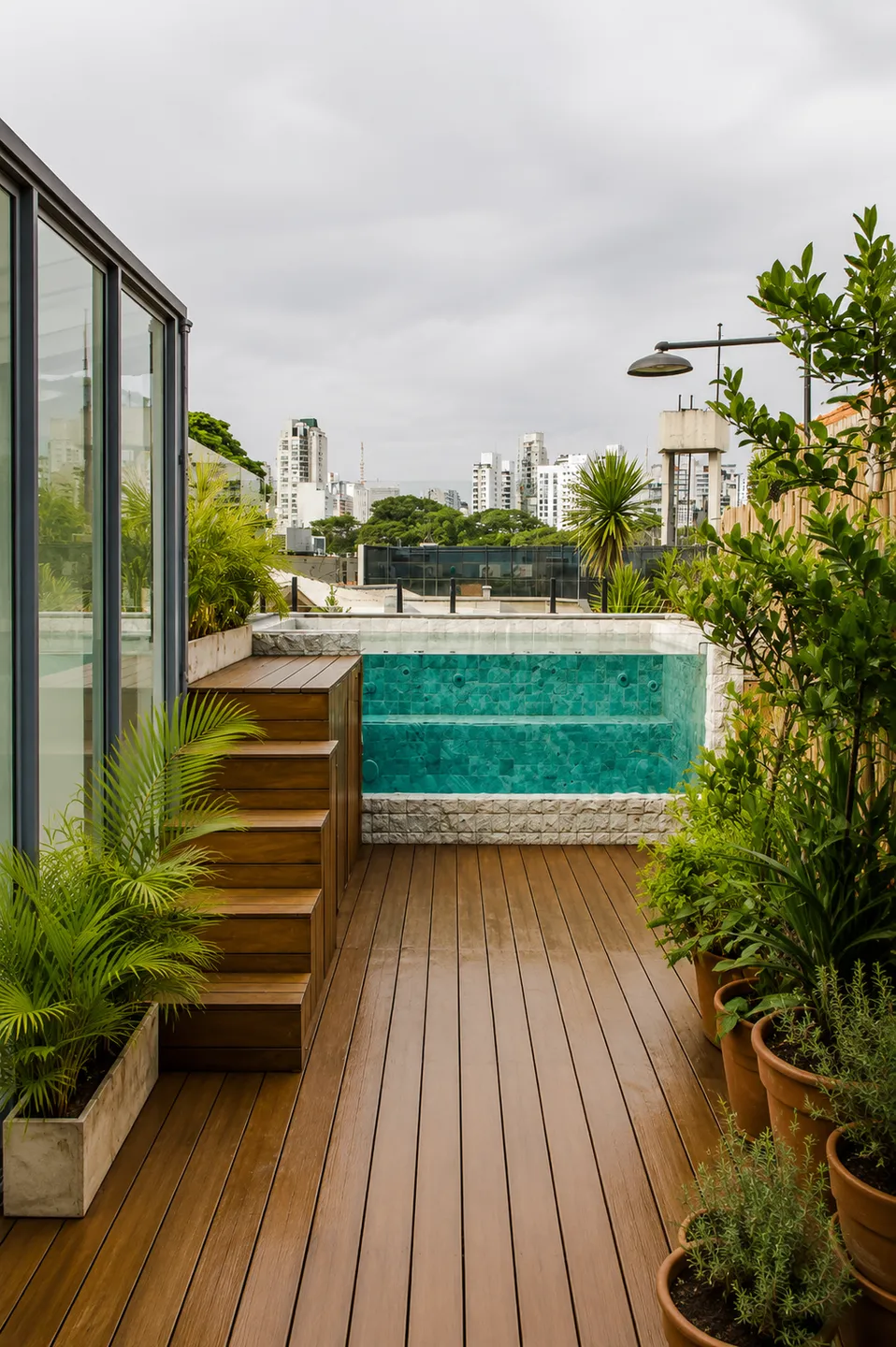 Piscina do rooftop revestida em pastilha turquesa, com deck de madeira e vista para a cidade